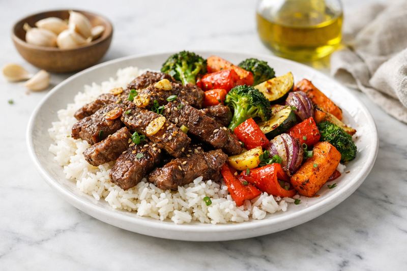 Beef Bowl with Roasted Vegetables